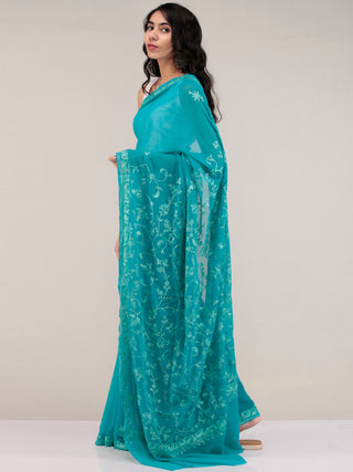Green Aari Embroidered Georgette Saree From Kashmir - S031704638