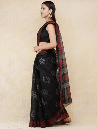 Black & Red Hand Block Printed Kota Doria Saree  - s031704165