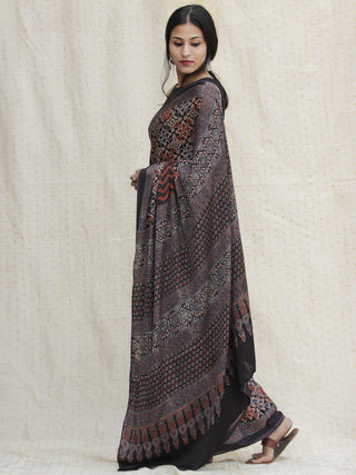 Charcoal Black Maroon Ivory  Ajrakh Hand Block Printed Modal Silk Saree - S031704128