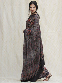 Charcoal Black Maroon Ivory  Ajrakh Hand Block Printed Modal Silk Saree - S031704128