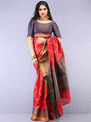 Banarasee Cotton Silk Saree With Zari Work - Crimson Red Purple & Gold - S031704395