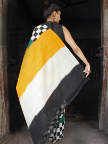 Black White Green Blue Yellow Ikat Handwoven Mercerised Cotton Saree - S031703624