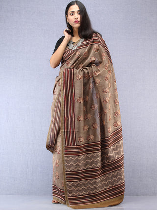 Brown Maroon Hand Block Printed Chanderi Saree With Geecha Border - S031704494