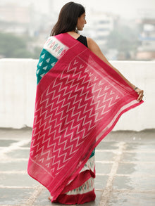 Red White Green Ikat Handwoven Cotton Saree - S031704040