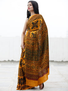 Gold Yellow Green Maroon Black Ajrakh Hand Block Printed Modal Silk Saree in Natural Colors - S031703708