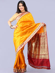 Banarasee Katan Silk Handloom Saree With Zari Work - Golden Yellow Maroon & Gold  - S031704303