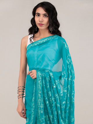 Green Aari Embroidered Georgette Saree From Kashmir - S031704638