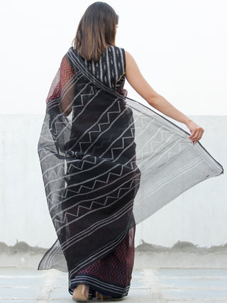 Black & Red Hand Block Printed Kota Doria Saree  - S031704082