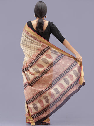 Beige Maroon Black Bagh Printed Maheshwari Cotton Saree - S031704177