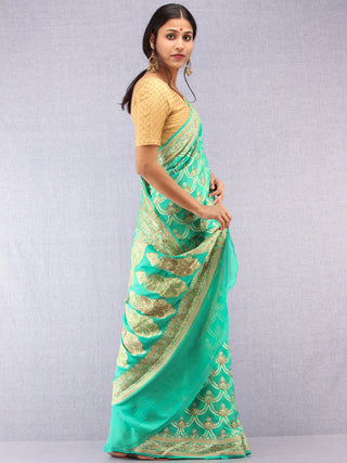 Banarasee Pure Chiffon With Resham & Zari Work - Sea Green Ivory & Gold - S031704369