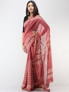 Rosewood Pink Ivory Maheshwari Silk Hand Block Printed Saree With Zari Border - S031704470