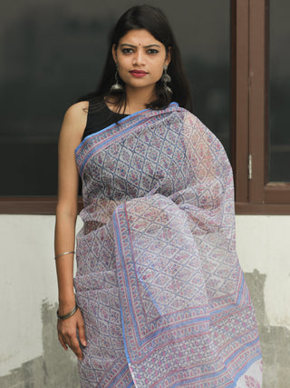 White Sky Blue Pink Hand Block Printed Kota Doria Saree  - S031704109