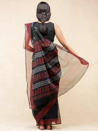 Black & Red Hand Block Printed Kota Doria Saree  - s031704165