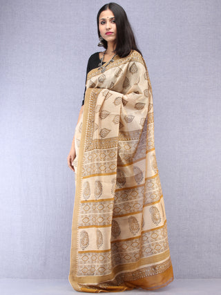 Ivory Mustard Hand Block Printed Chanderi Saree With Geecha Border - S031704522