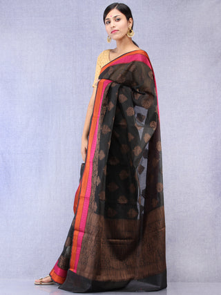 Banarasee Chanderi Silk Saree With Resham Border - Black Pink Copper  - S031704322
