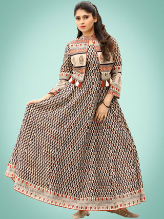 Naaz Roheen - Hand Block Printed Long Cotton Embroidered Jacket Dress - DS98F002