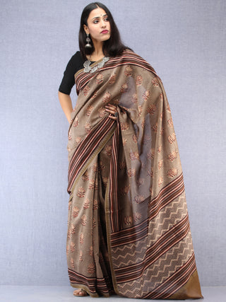 Brown Maroon Hand Block Printed Chanderi Saree With Geecha Border - S031704494