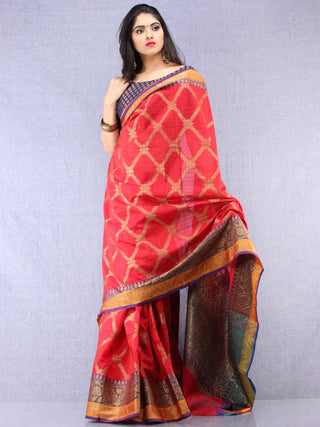 Banarasee Cotton Silk Saree With Zari Work - Crimson Red Purple & Gold - S031704395