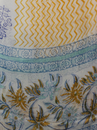 Ivory Teal Green Brown Hand Block Printed Cotton Suit-Salwar Fabric With Chiffon Dupatta (Set of 3) - S16281292