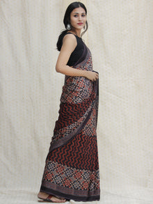 Charcoal Black Maroon Ivory  Ajrakh Hand Block Printed Modal Silk Saree - S031704128
