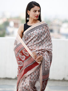 Beige Maroon Black Bagh Hand Block Printed Maheswari Silk Saree With Resham Border - S031703839