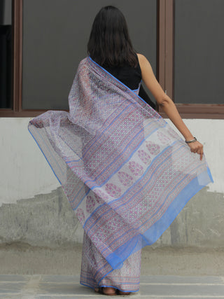 White Sky Blue Pink Hand Block Printed Kota Doria Saree  - S031704109