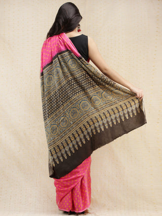 Pink Mustard Black Bandhej Modal Silk Saree With Ajrakh Printed Pallu & Blouse - s031704145