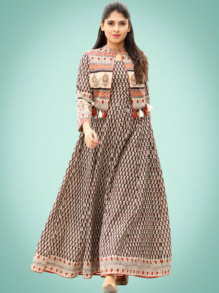 Naaz Roheen - Hand Block Printed Long Cotton Embroidered Jacket Dress - DS98F002