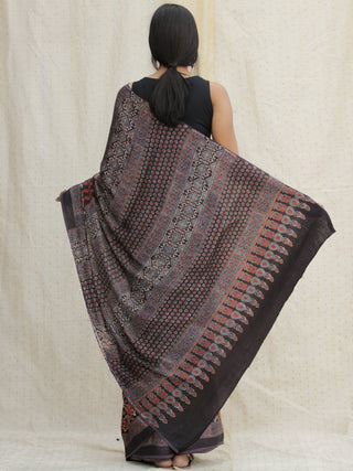 Charcoal Black Maroon Ivory  Ajrakh Hand Block Printed Modal Silk Saree - S031704128