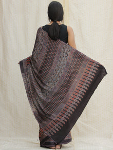 Charcoal Black Maroon Ivory  Ajrakh Hand Block Printed Modal Silk Saree - S031704128