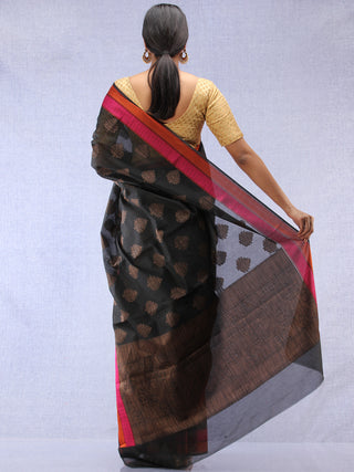 Banarasee Chanderi Silk Saree With Resham Border - Black Pink Copper  - S031704322