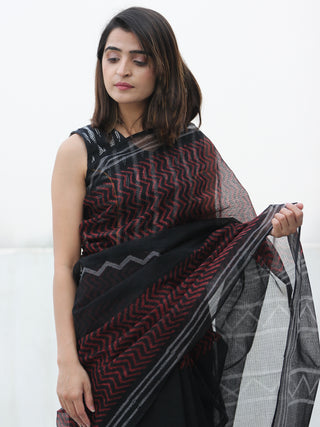 Black & Red Hand Block Printed Kota Doria Saree  - S031704082