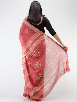 Rosewood Pink Ivory Maheshwari Silk Hand Block Printed Saree With Zari Border - S031704470