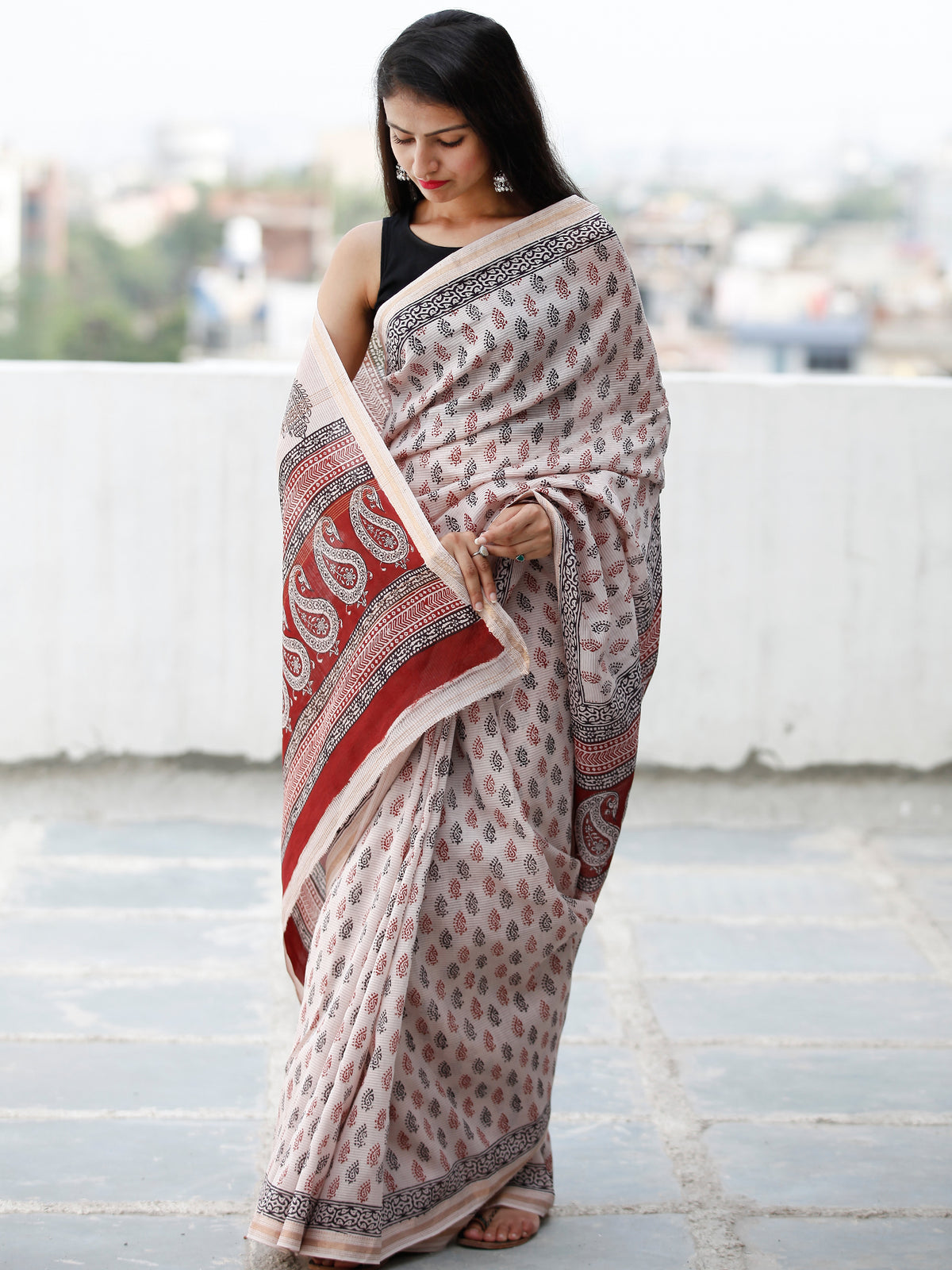 Beige Maroon Black Bagh Hand Block Printed Maheswari Silk Saree With Resham Border - S031703839