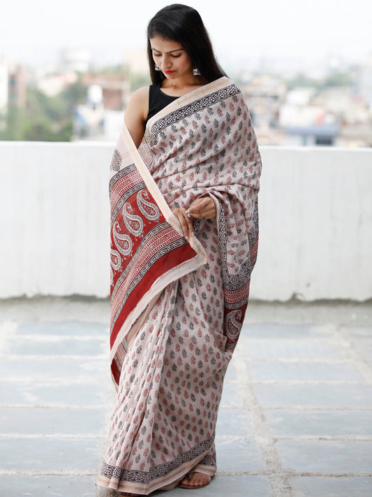Beige Maroon Black Bagh Hand Block Printed Maheswari Silk Saree With Resham Border - S031703839