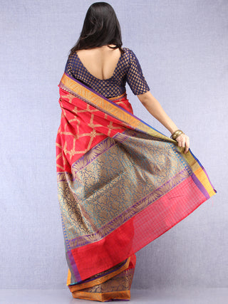 Banarasee Cotton Silk Saree With Zari Work - Crimson Red Purple & Gold - S031704395