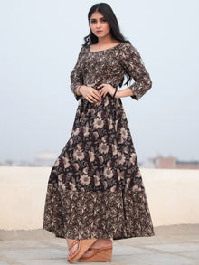 Tareen - Black Beige Brown Hand Block Printed Cotton Long Dress D150F2131