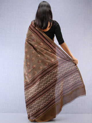 Brown Maroon Hand Block Printed Chanderi Saree With Geecha Border - S031704494