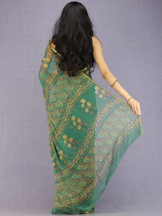 Green Yellow Coral Hand Block Printed Chiffon Saree with Zari Border - S031704598