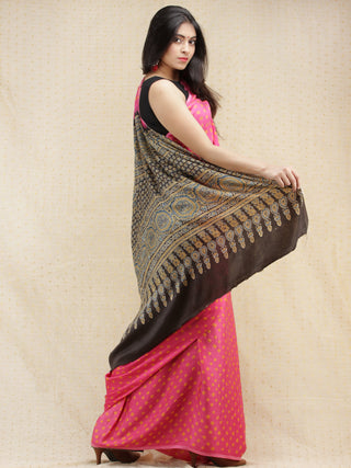 Pink Mustard Black Bandhej Modal Silk Saree With Ajrakh Printed Pallu & Blouse - s031704145