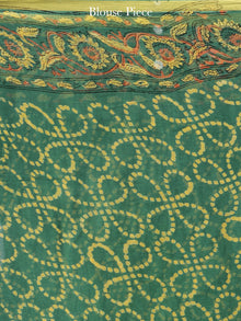 Green Yellow Coral Hand Block Printed Chiffon Saree with Zari Border - S031704598