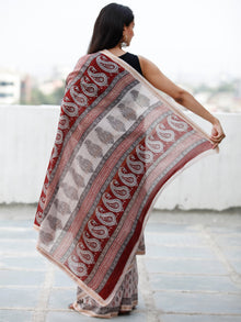 Beige Maroon Black Bagh Hand Block Printed Maheswari Silk Saree With Resham Border - S031703839