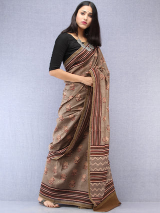 Brown Maroon Hand Block Printed Chanderi Saree With Geecha Border - S031704494