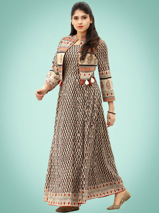 Naaz Roheen - Hand Block Printed Long Cotton Embroidered Jacket Dress - DS98F002