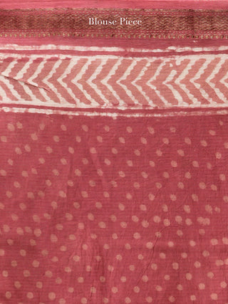 Rosewood Pink Ivory Maheshwari Silk Hand Block Printed Saree With Zari Border - S031704470
