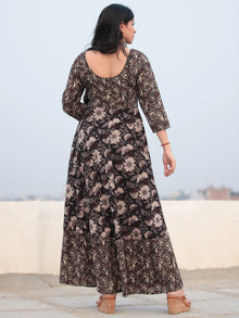 Tareen - Black Beige Brown Hand Block Printed Cotton Long Dress D150F2131