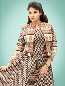 Naaz Roheen - Hand Block Printed Long Cotton Embroidered Jacket Dress - DS98F002
