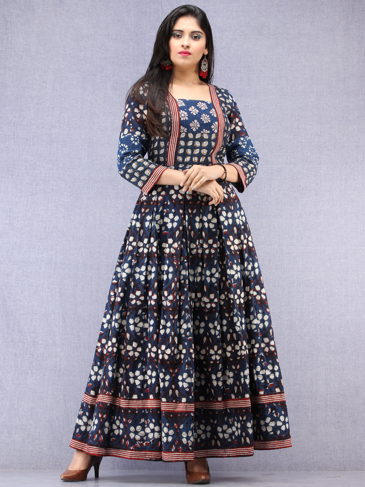 Naaz Roheen - Hand Block Printed Long Cotton Box Pleated Embroidered J |  Designer dresses elegant, Long dress design, Stylish dresses for girls