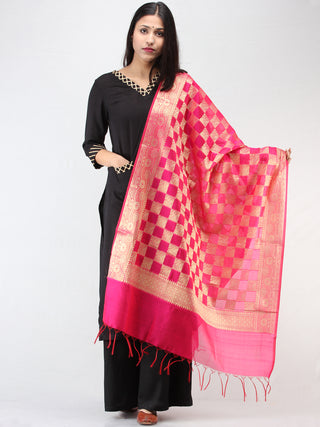Banarasi Chanderi Jacquard Dupatta With Zari Work -  Hot Pink & Gold  - D04170914