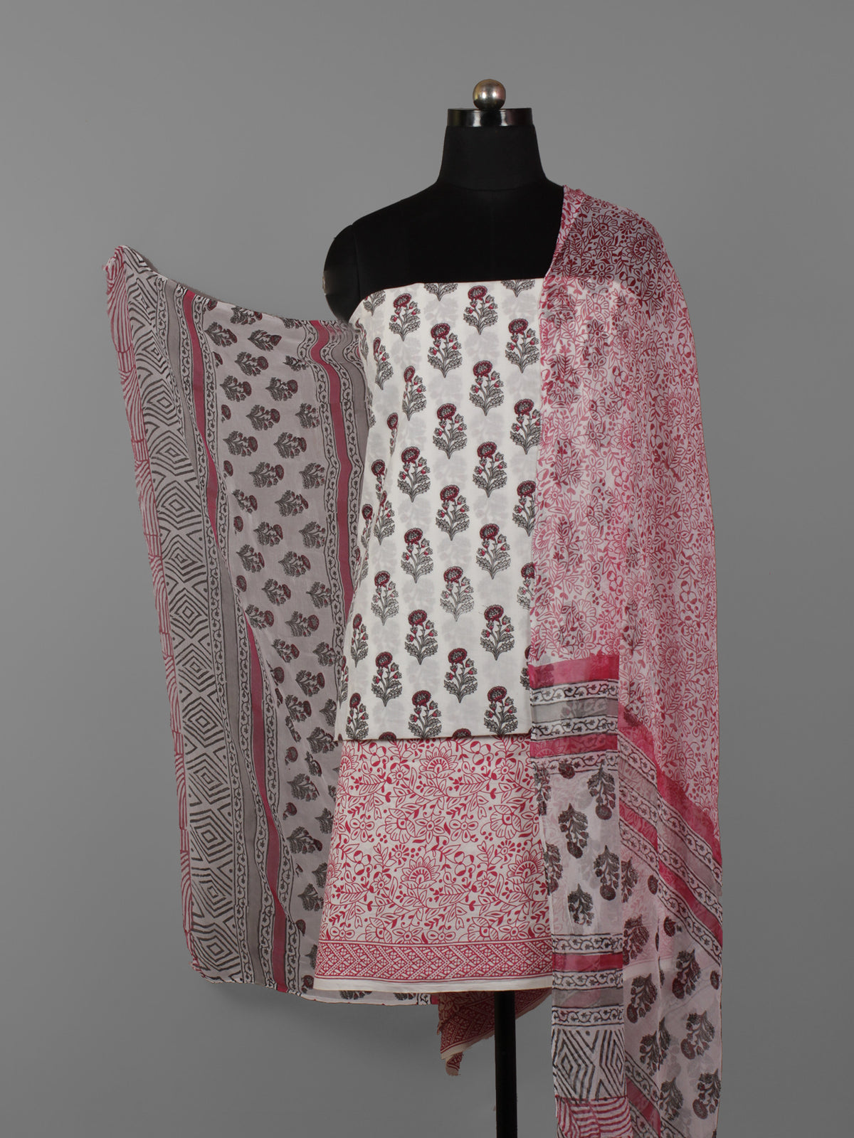 Ivory Grey Maroon Hand Block Printed Cotton Suit-Salwar Fabric With Chiffon Dupatta (Set of 3) - S16281293
